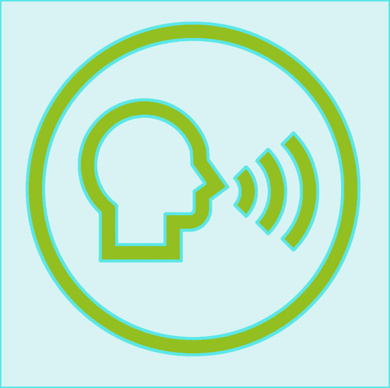 On light turquoise background a symbolic image of profile of a person facing right drawn in avocado green with three curved lines representing speaking