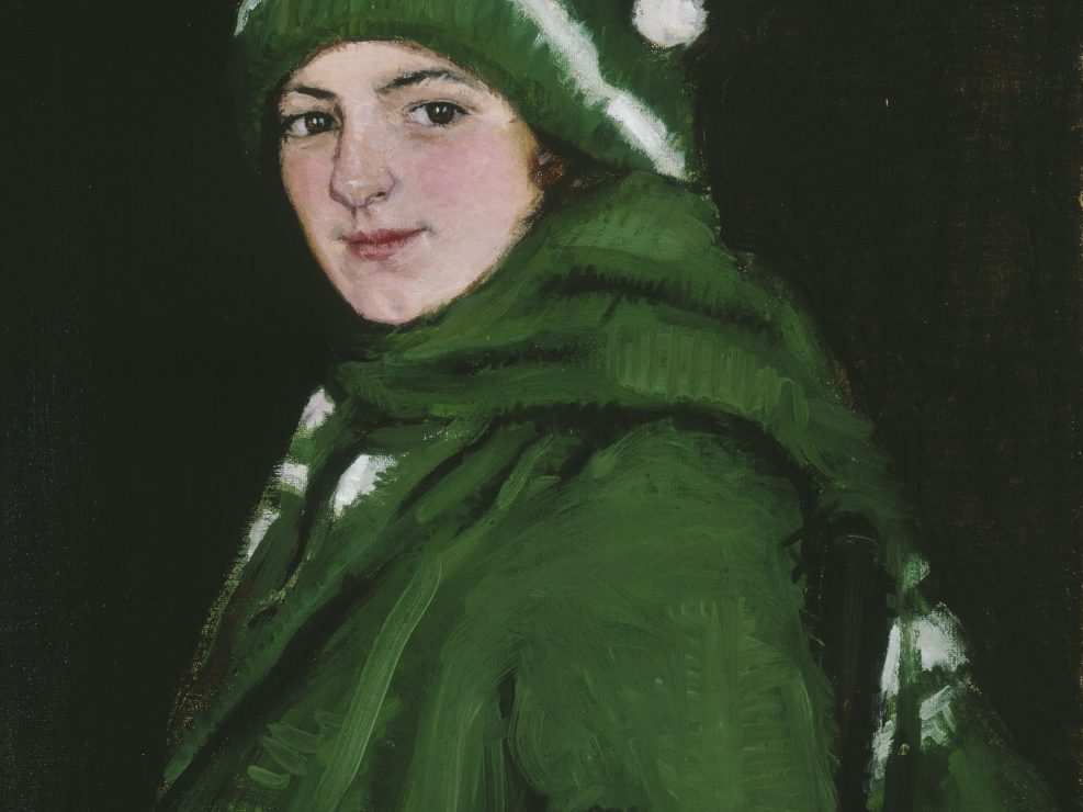 Painting of a young woman clad in green winter garments